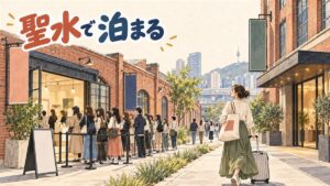 聖水の路地でポップアップの紙袋を提げて宿へ向かう旅行者のイメージ