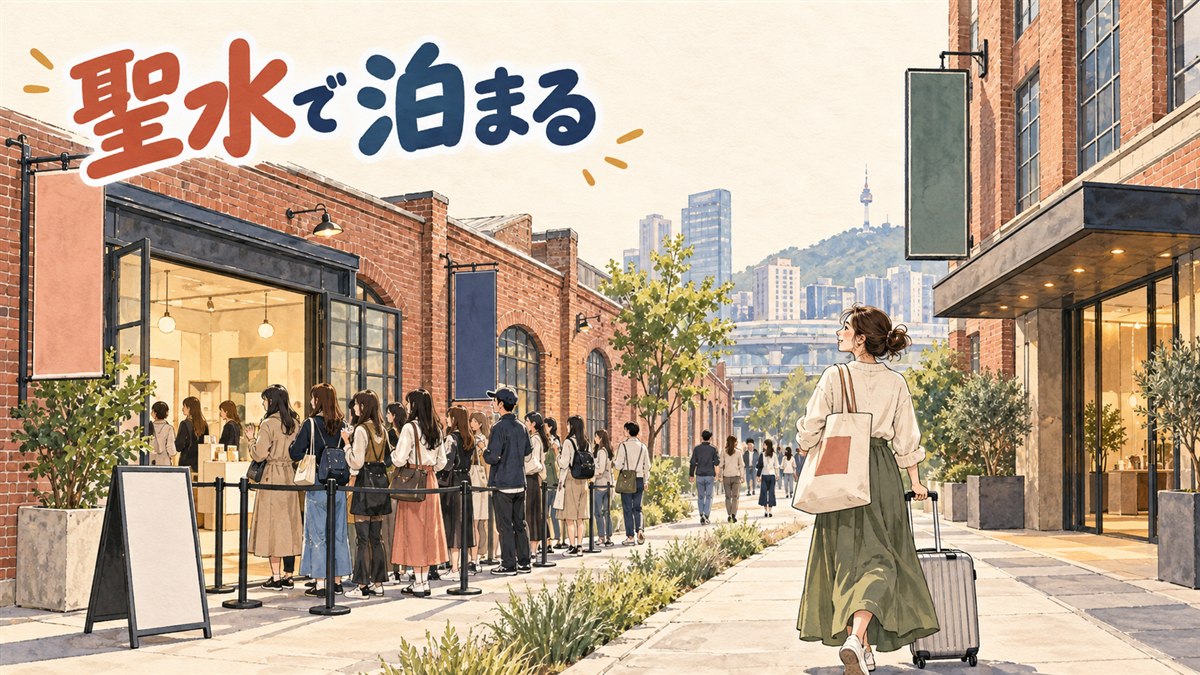 聖水の路地でポップアップの紙袋を提げて宿へ向かう旅行者のイメージ