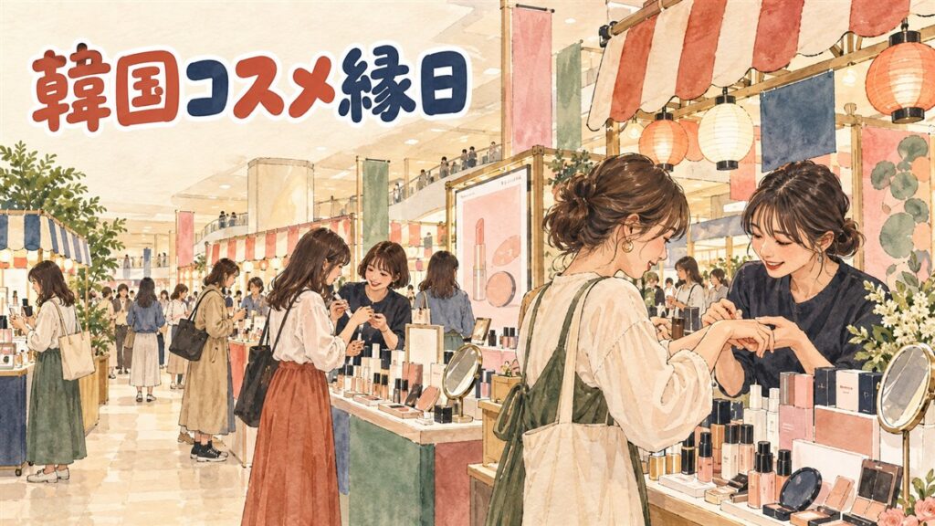 有楽町マルイの会場で韓国コスメのテスターを手に取って試す女性客の様子