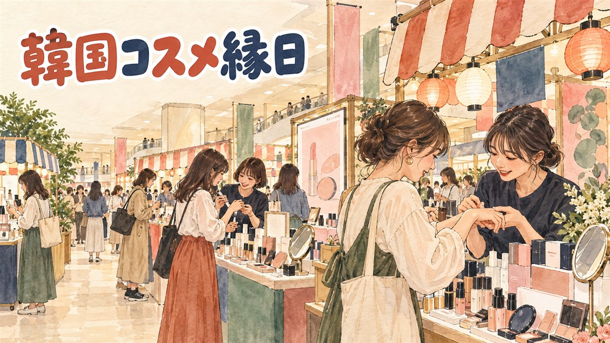 有楽町マルイの会場で韓国コスメのテスターを手に取って試す女性客の様子