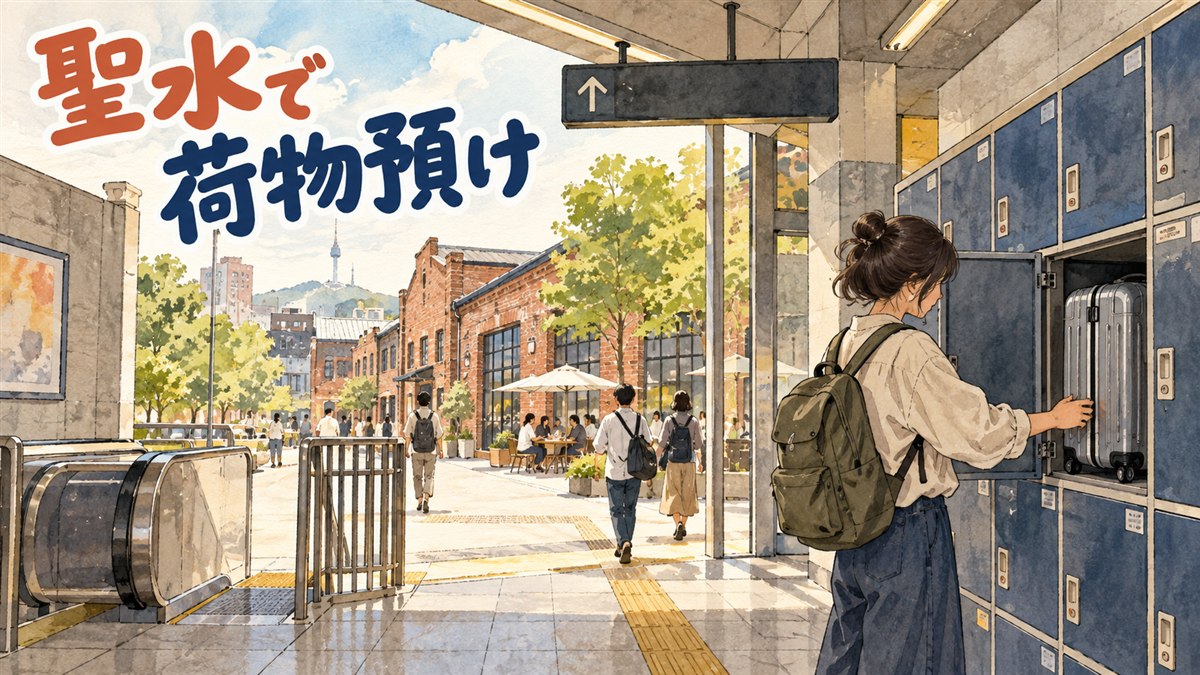 聖水駅前でキャリーバッグを引く旅行者と駅の入り口の情景