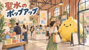 ソウル・聖水のレンガ造りの建物に入ったキャラクターグッズのポップアップストアと、紙袋を手にした買い物客