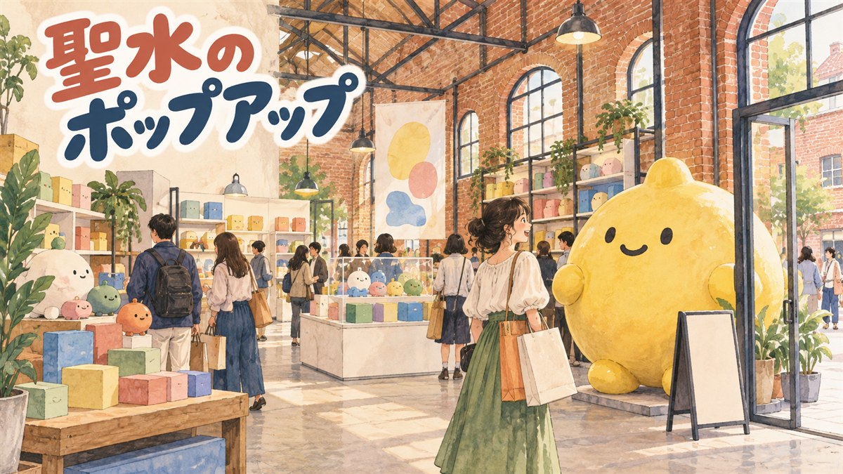 ソウル・聖水のレンガ造りの建物に入ったキャラクターグッズのポップアップストアと、紙袋を手にした買い物客