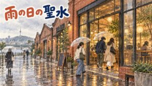 雨の日に傘をさして聖水洞の連무장길を歩く女性
