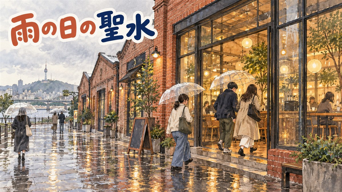 雨の日に傘をさして聖水洞の連무장길を歩く女性