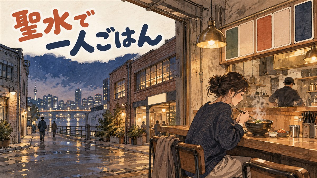 聖水の路地でメニュー表を見ながら一人で食事の店を選ぶ様子