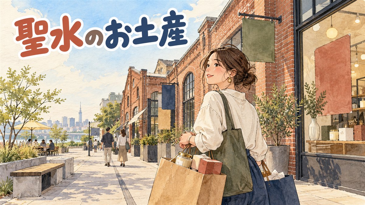 聖水のおしゃれな路地でお土産の紙袋を持つ女性のイメージ