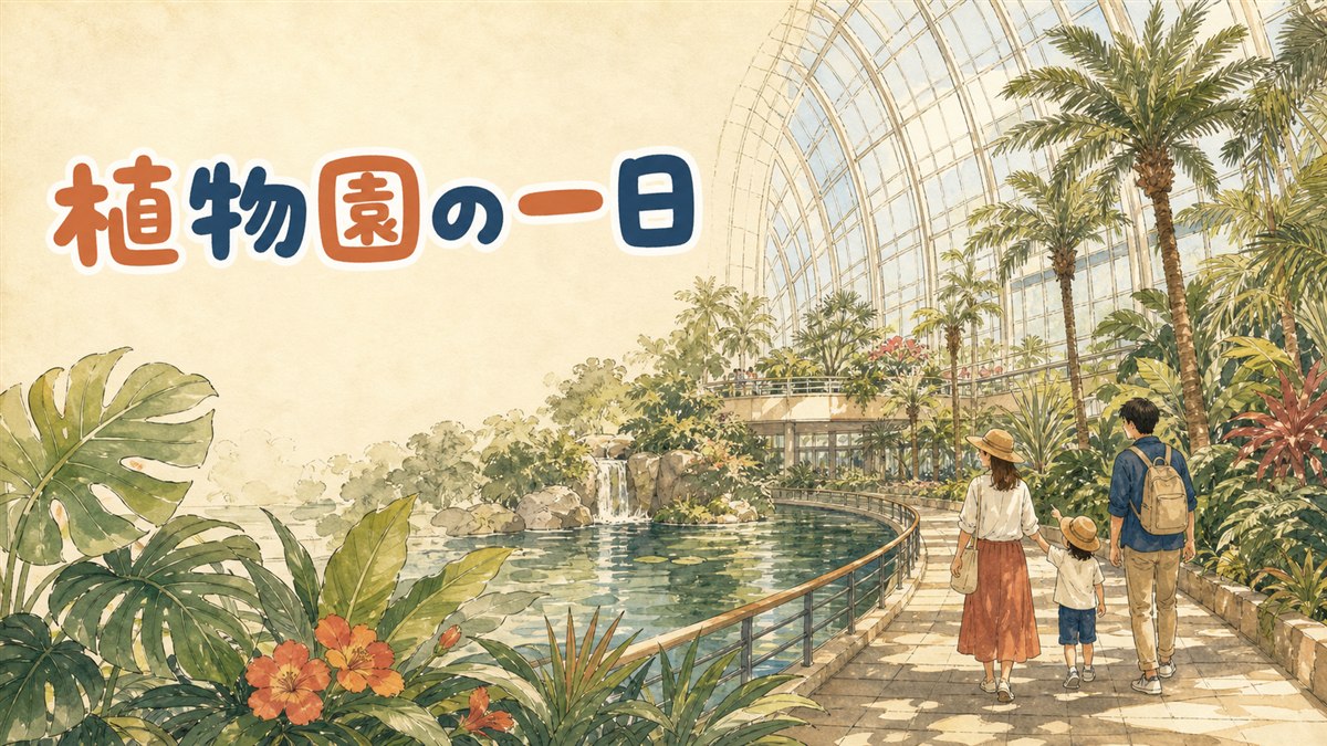 ソウル植物園の温室と緑の遊歩道を家族連れが歩いている様子