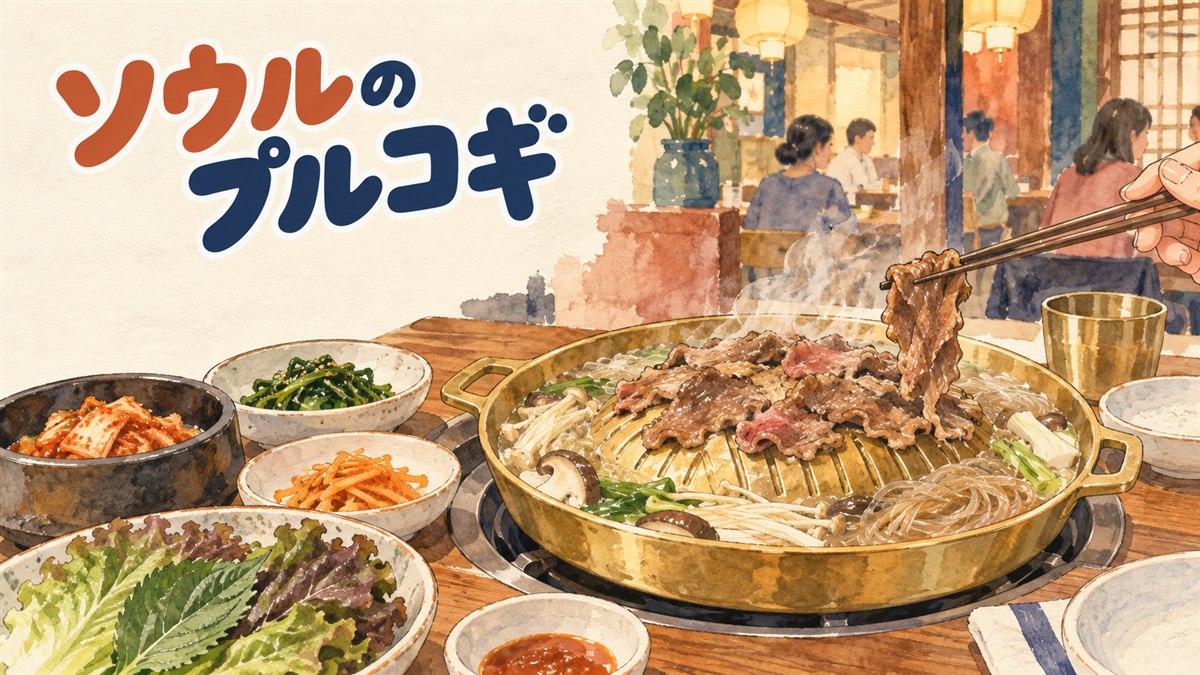 ソウルの食堂で、網の上でプルコギが香ばしく焼かれている様子