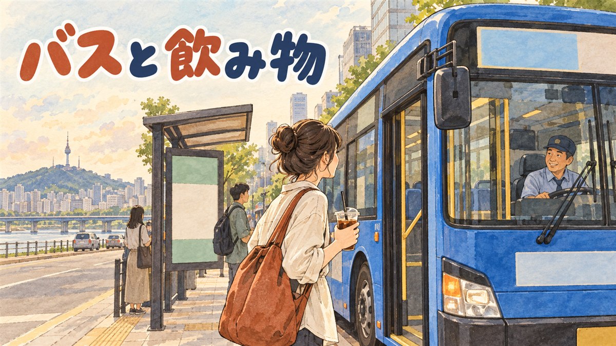 ソウル市内バスの乗車口で、蓋のない使い捨てカップを持つ乗客と運転手が向き合っている様子を示すイラスト