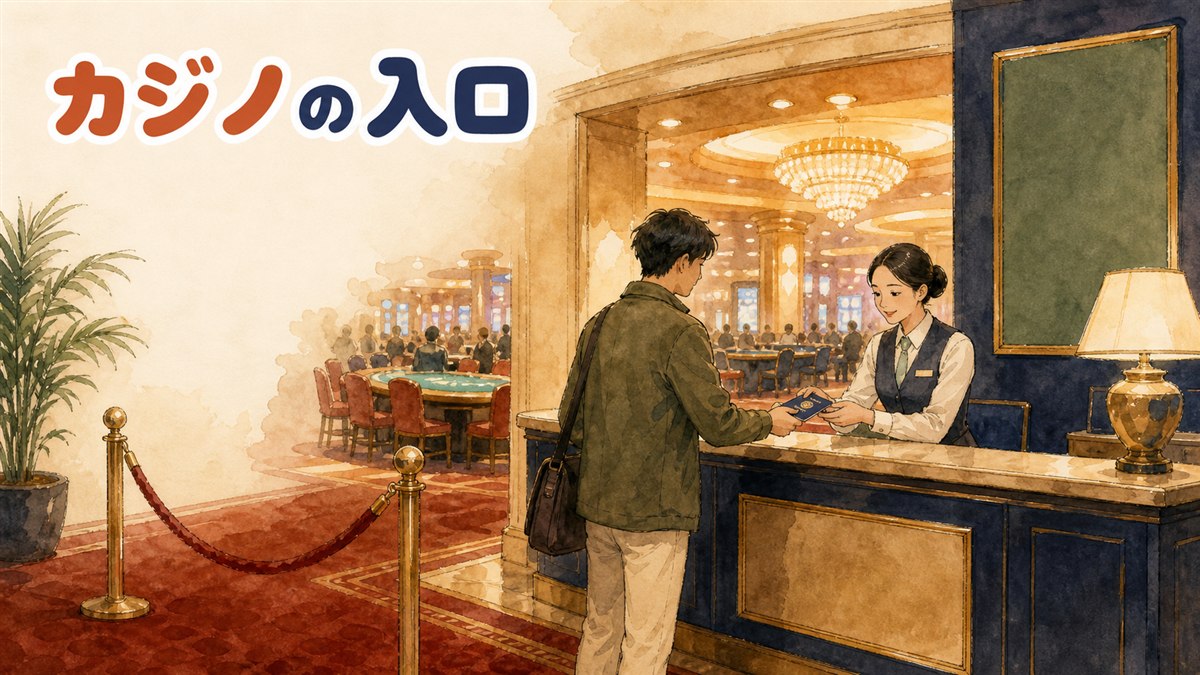 ソウルのホテル内にある外国人専用カジノの入口でパスポートを確認している様子を示すイメージ