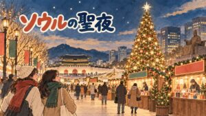 ソウルの光化門広場が冬のイルミネーションで彩られている夜景