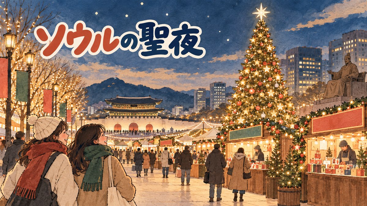 ソウルの光化門広場が冬のイルミネーションで彩られている夜景