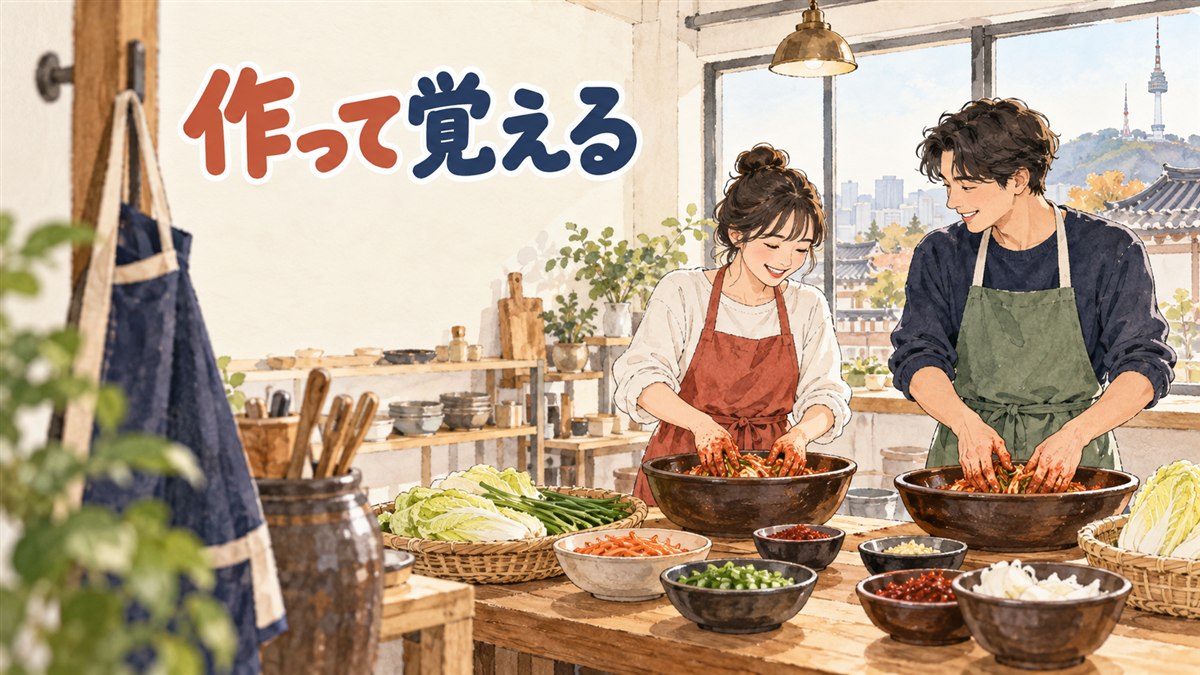 ソウルの韓屋でキムチ作り体験をする様子のイメージ