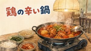 鶏肉とじゃがいも・にんじんを赤いタレで煮込むタッポックンタン鍋を食卓に並べる場面
