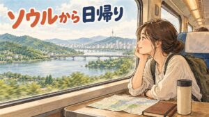 ソウル駅のホームでKTXの発車案内を見上げる旅行者の後ろ姿