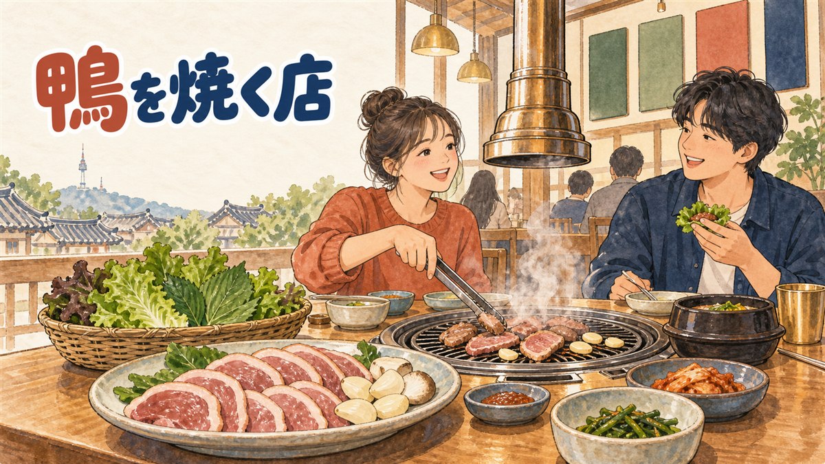 ソウルの食堂で炭火の上に鴨肉が並び、隣で湯気の立つ土鍋も置かれている情景