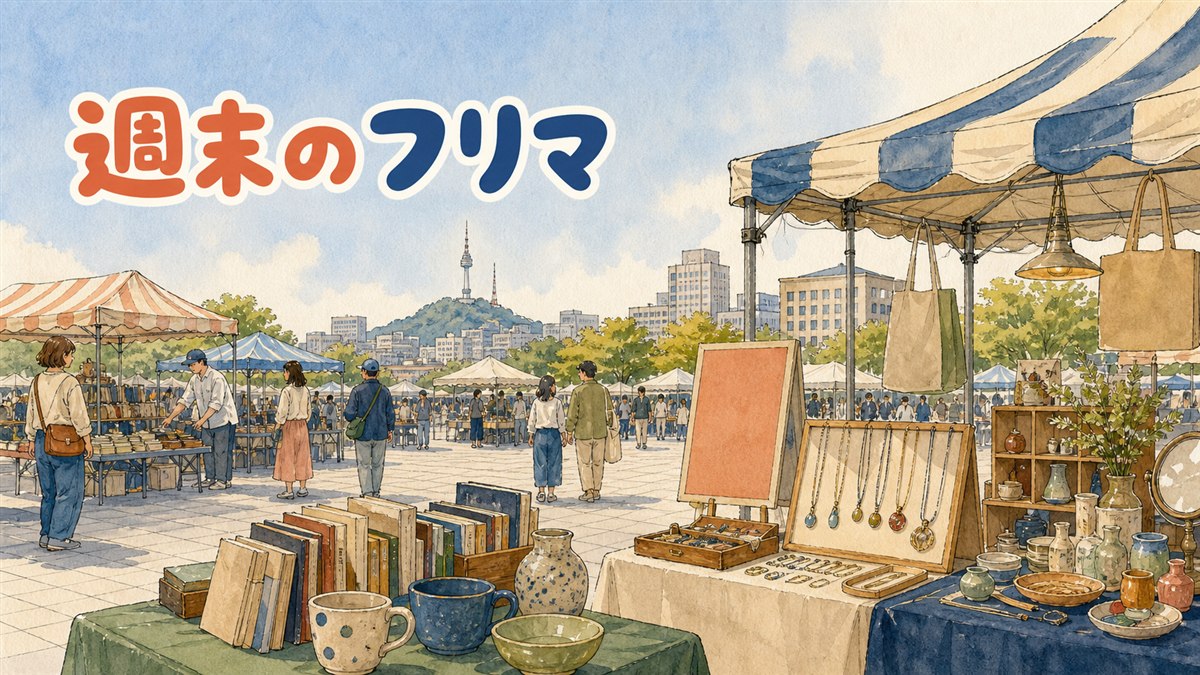ソウルの弘大芸術市場に並ぶハンドメイドアクセサリーと古着の露店