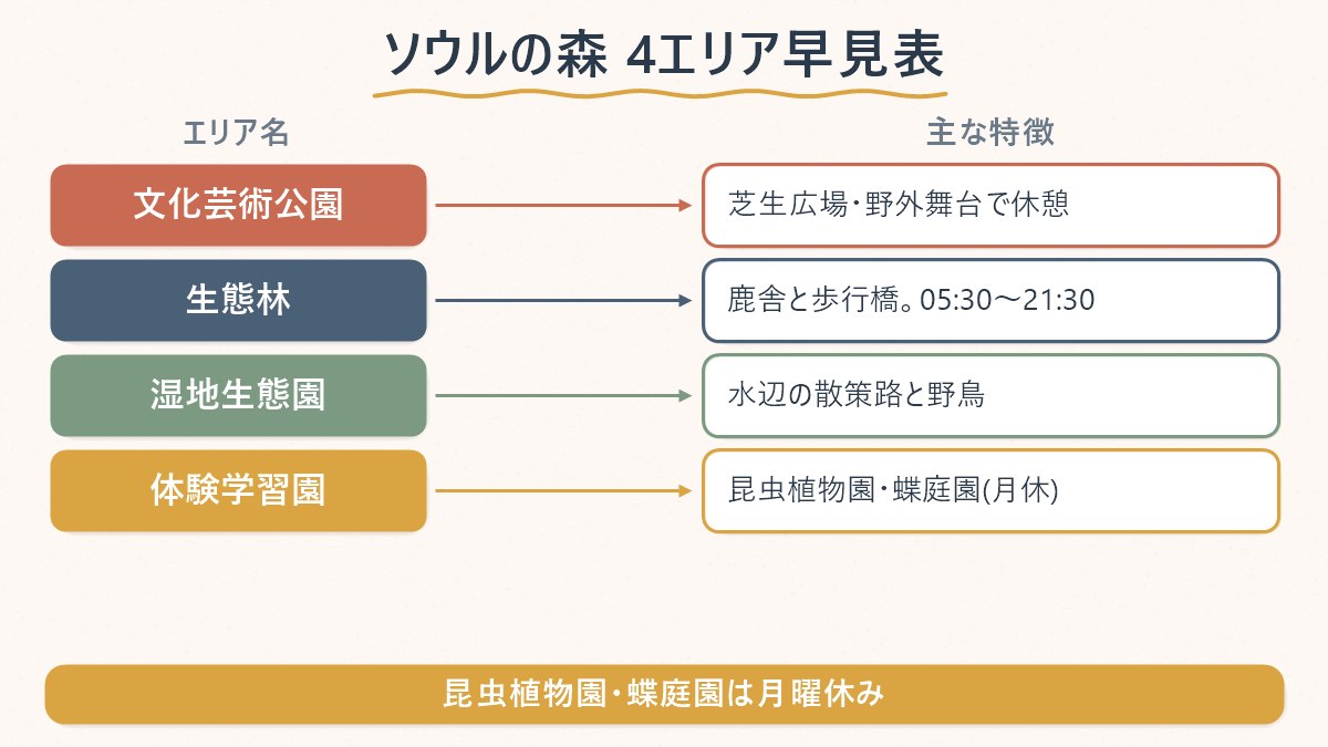 ソウルの森が文化芸術公園・生態林・湿地生態園・体験学習園の4エリアに分かれていることを示す図