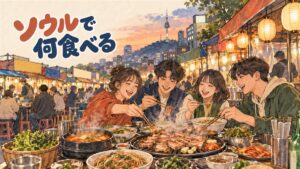 ソウルの食堂の前で何を食べるか話し合う旅行者たち