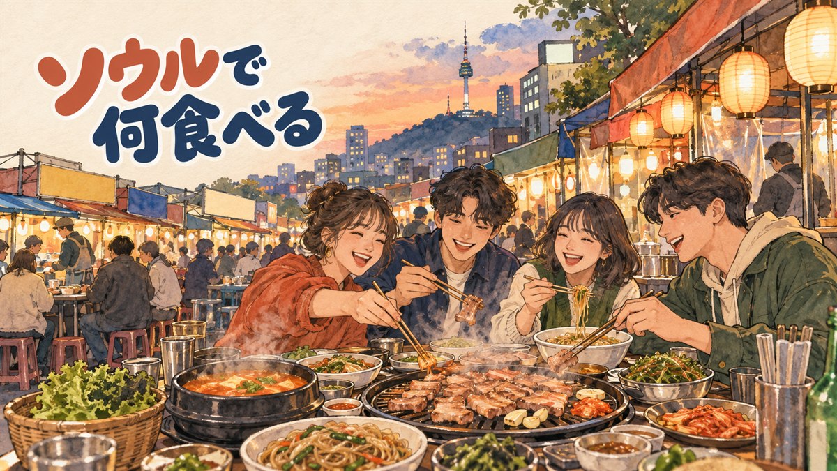 ソウルの食堂の前で何を食べるか話し合う旅行者たち