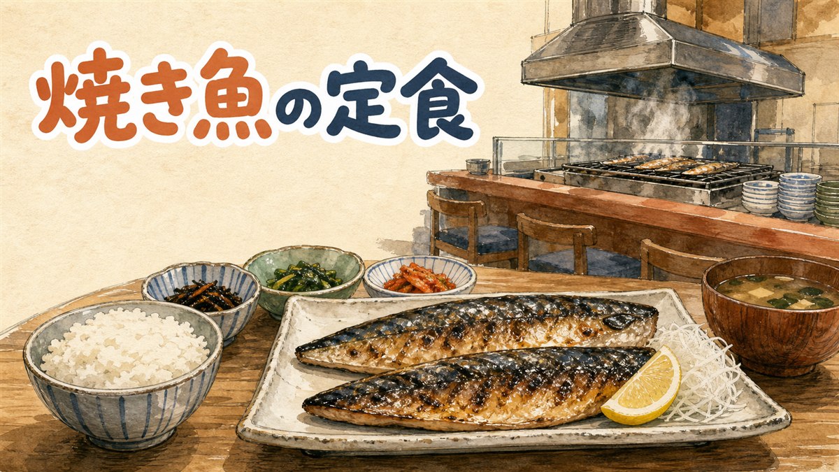 焼き魚定食の膳を上から写した写真イメージ