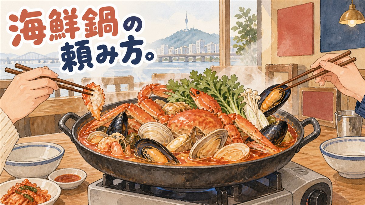 ソウルの食堂で赤いスープの해물탕（ヘムルタン）鍋が湯気を立てているテーブルの写真イメージ