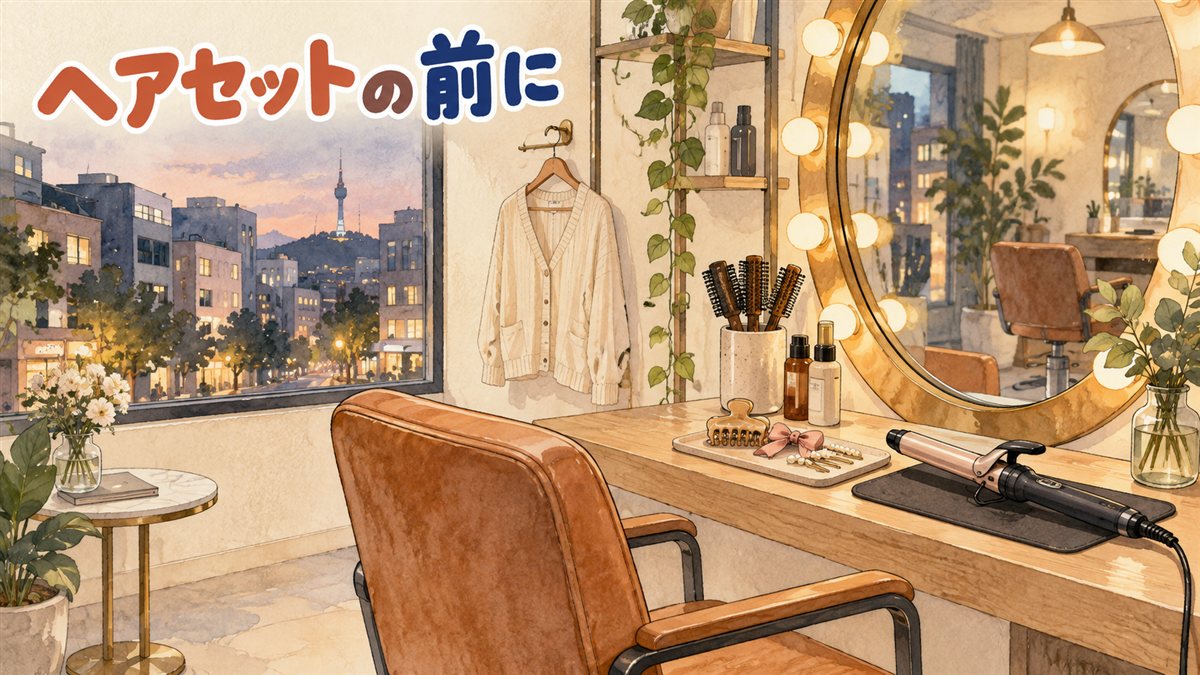ソウルの美容室のスタイリングコーナーを描いた水彩イラスト。電球に囲まれた丸い鏡の前の空の椅子、耐熱マットに置いたヘアアイロン、トレーの上のパールのピン・リボン・クリップ、ハンガーのカーディガン。窓の外は夕暮れの街と南山タワー。左上に「ヘアセットの前に」の手書き文字