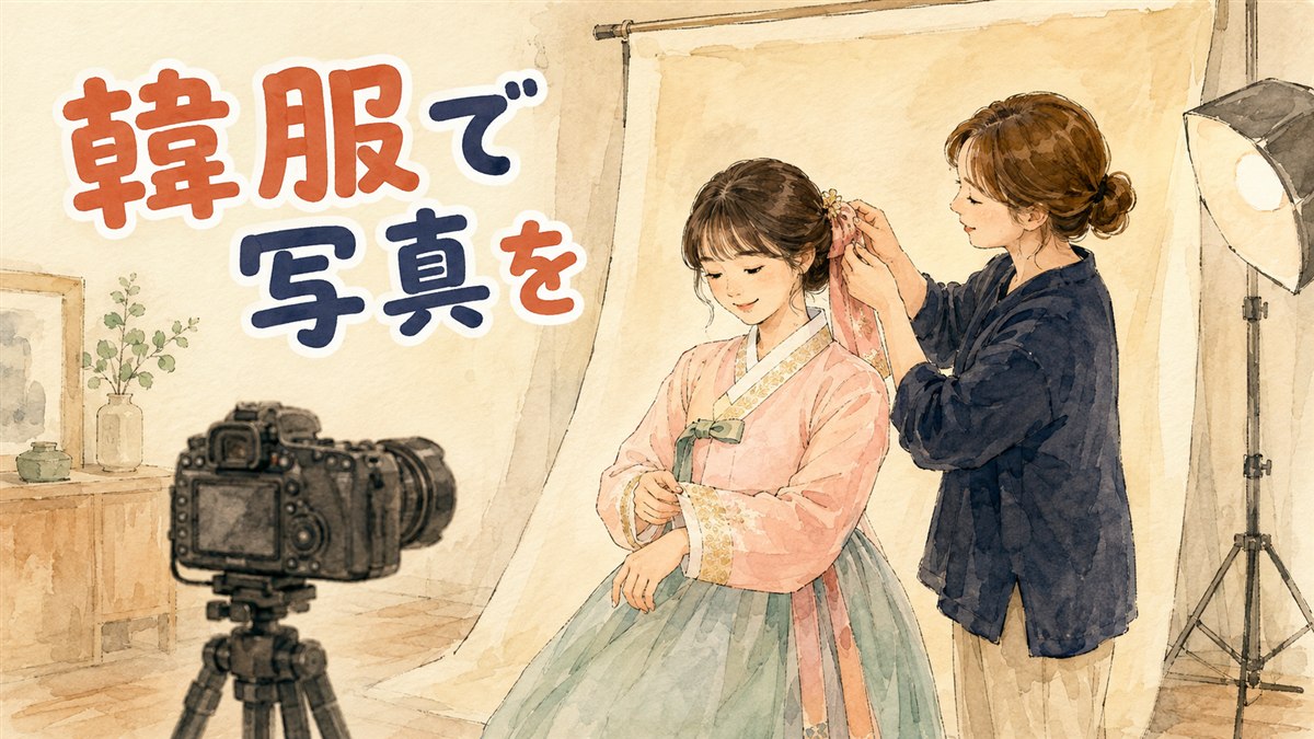 韓服を着た女性がスタジオでヘアメイクを受け、カメラマンに写真を撮ってもらっている場面