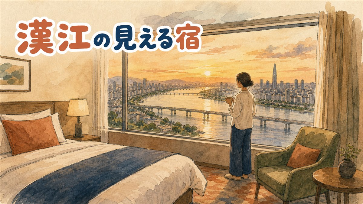 漢江沿いの高層ホテルの窓から夜のライトアップされた橋と川面を見渡す情景