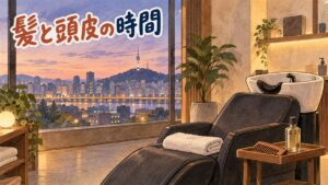 夕暮れのソウルの街と川、山の上の塔が大きな窓から見えるサロンを描いた水彩イラスト。シャンプー台のついた黒いリクライニングチェアにたたんだ白いタオルが置かれ、脇の小さな木のトレーに木製のくしとガラス瓶がある。人物は描かれていない。左上に「髪と頭皮の時間」の手書き文字