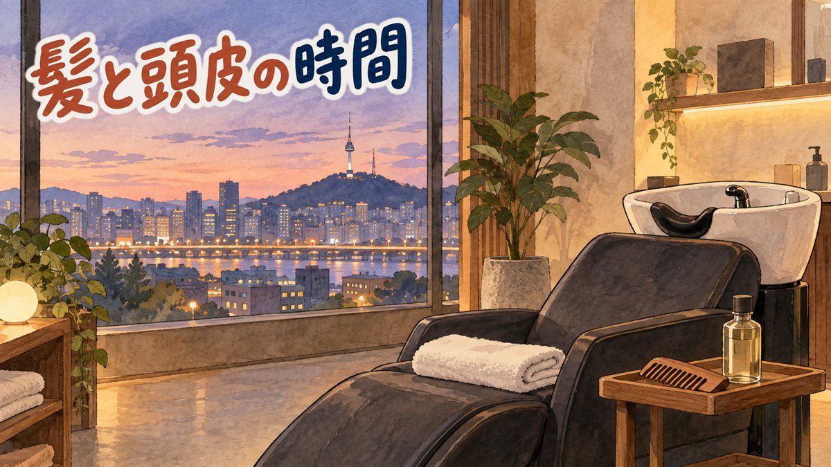夕暮れのソウルの街と川、山の上の塔が大きな窓から見えるサロンを描いた水彩イラスト。シャンプー台のついた黒いリクライニングチェアにたたんだ白いタオルが置かれ、脇の小さな木のトレーに木製のくしとガラス瓶がある。人物は描かれていない。左上に「髪と頭皮の時間」の手書き文字