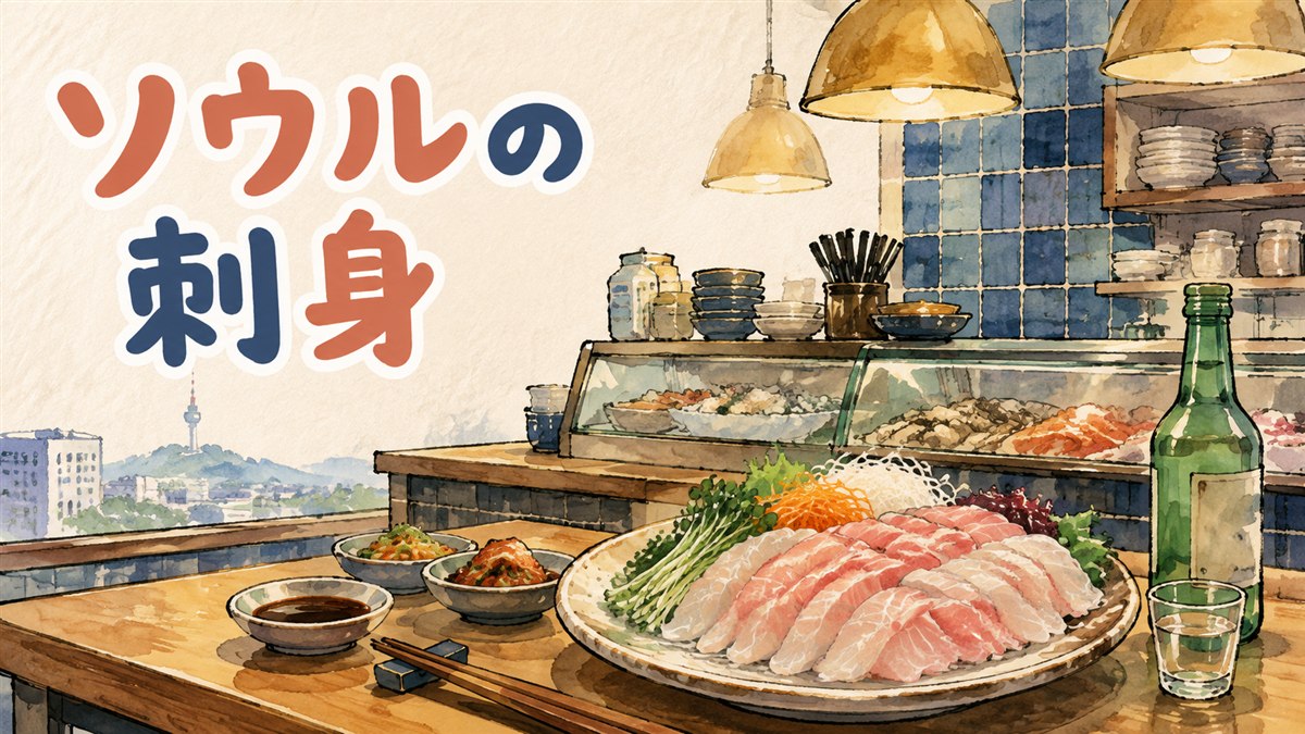 ソウルの水産市場で活きた魚介を選び、刺身に仕立ててもらう場面を描いたイメージ