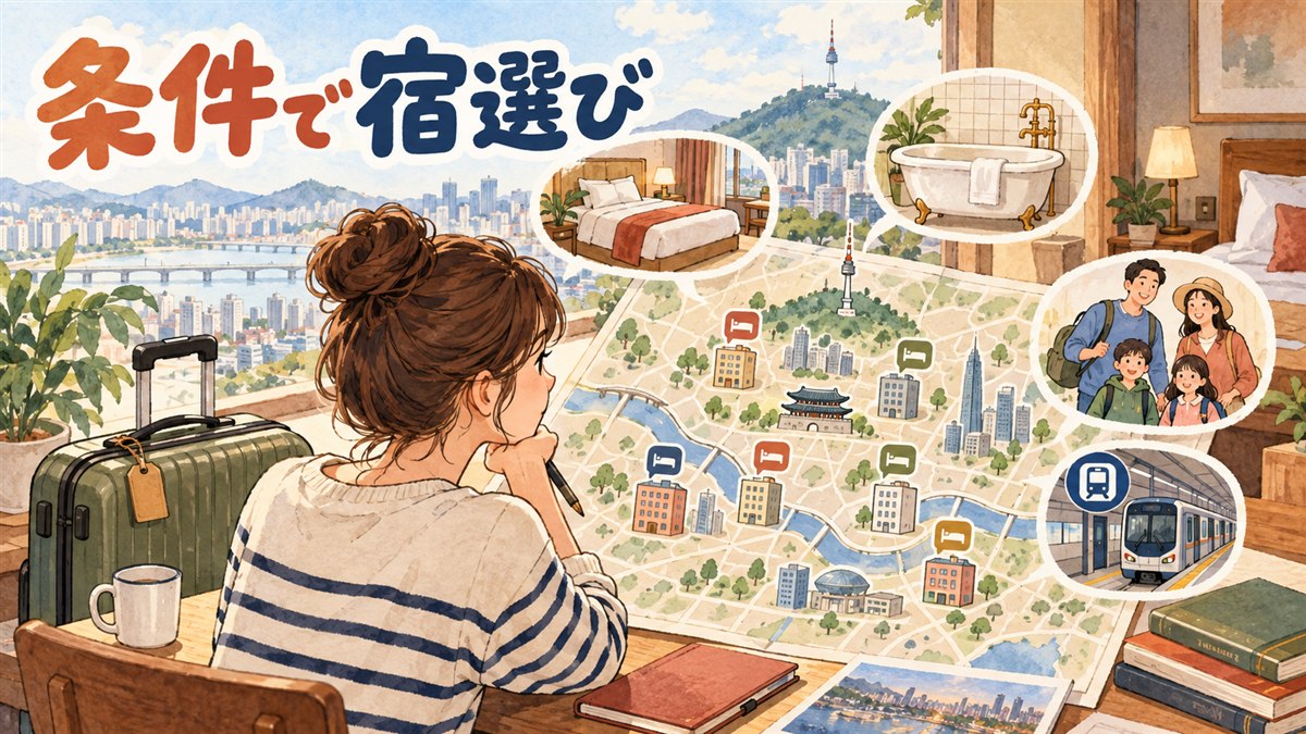 ソウルのホテルを条件ごとに絞り込むための早見ガイドを示すイメージ