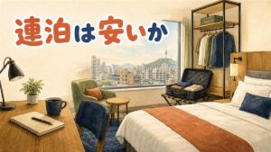 ソウルのホテルの部屋でスマホの予約画面を見比べながら連泊の予約を検討している旅行者のイメージ