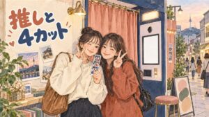 韓国のフォトブースでアイドルのコラボフレームを探す人のイメージ