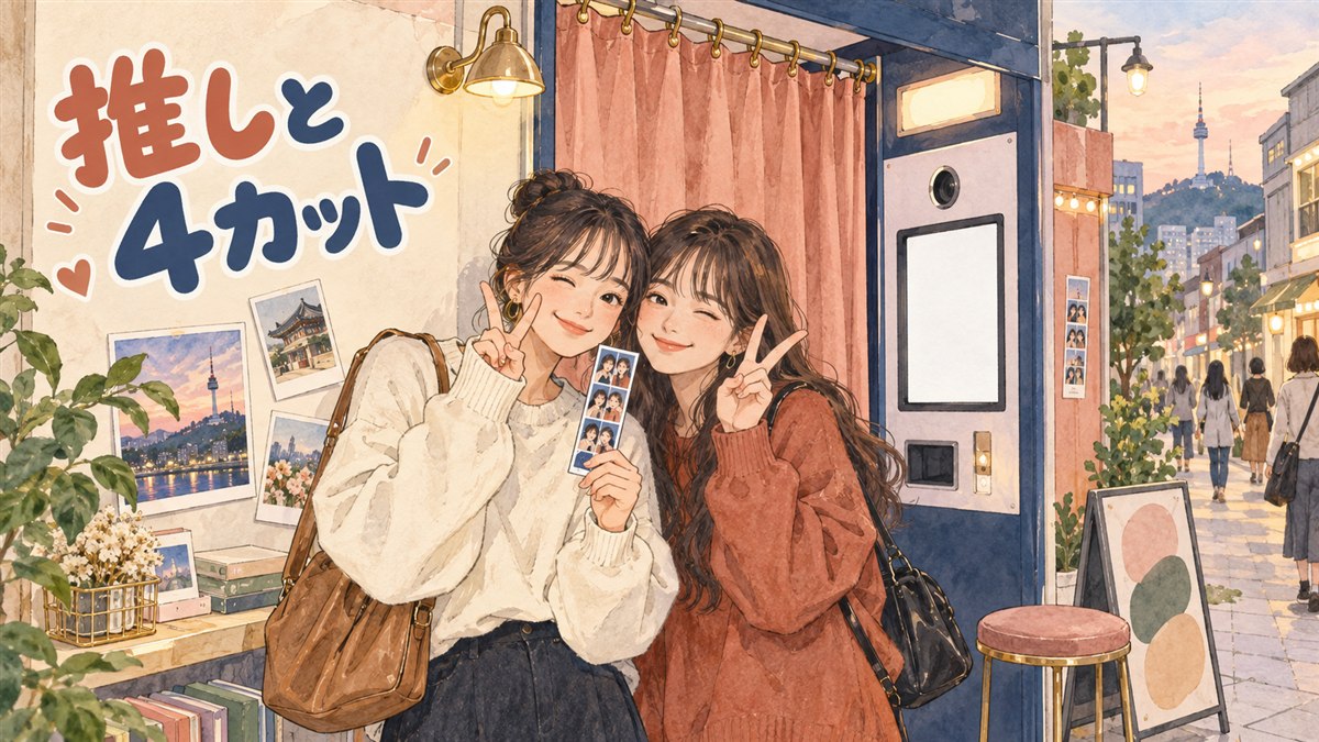 韓国のフォトブースでアイドルのコラボフレームを探す人のイメージ