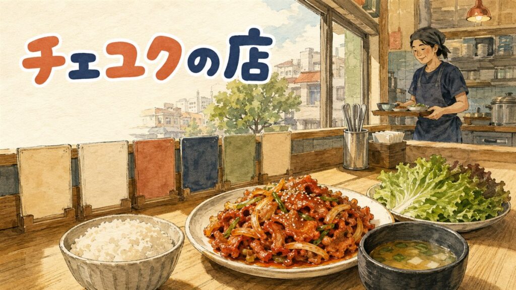 ソウルの食堂で1人前の제육볶음定食を前にする人物のイメージ