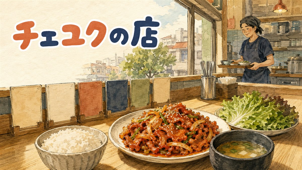 ソウルの食堂で1人前の제육볶음定食を前にする人物のイメージ
