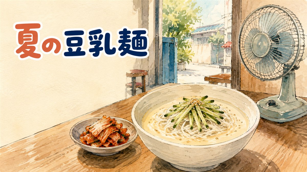 ソウルの食堂で提供される、白く濃厚な豆乳スープに麺が沈んだコングクスの一杯