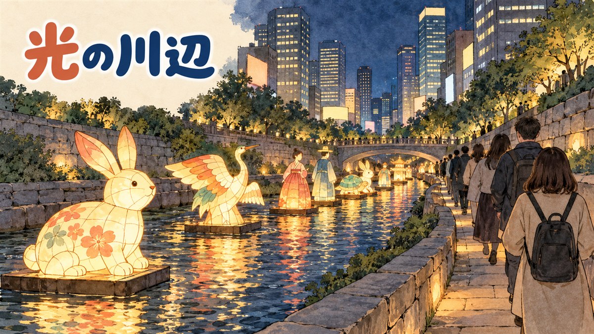 冬の夜、清渓川沿いに並ぶランタンの灯りとコートを着た人々の後ろ姿