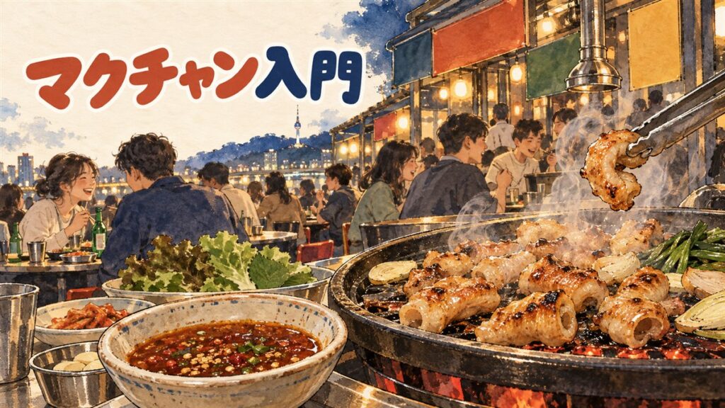 焼き網の上でマクチャンが香ばしく焼ける様子を俯瞰で写したアイキャッチ
