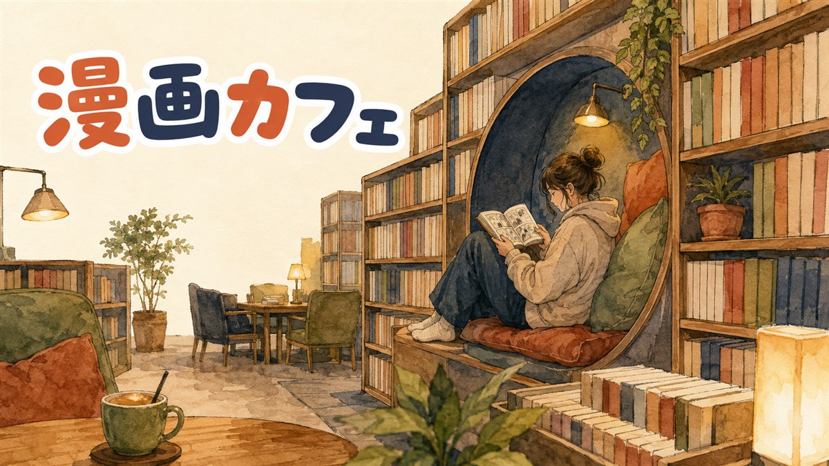 韓国の만화카페の个室風の座席で靴を脱いでくつろぎながら漫画を読む若い女性のイメージ