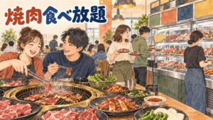 韓国の肉の食べ放題チェーンの店内で、炭火の網の上で豚肉を焼いている様子