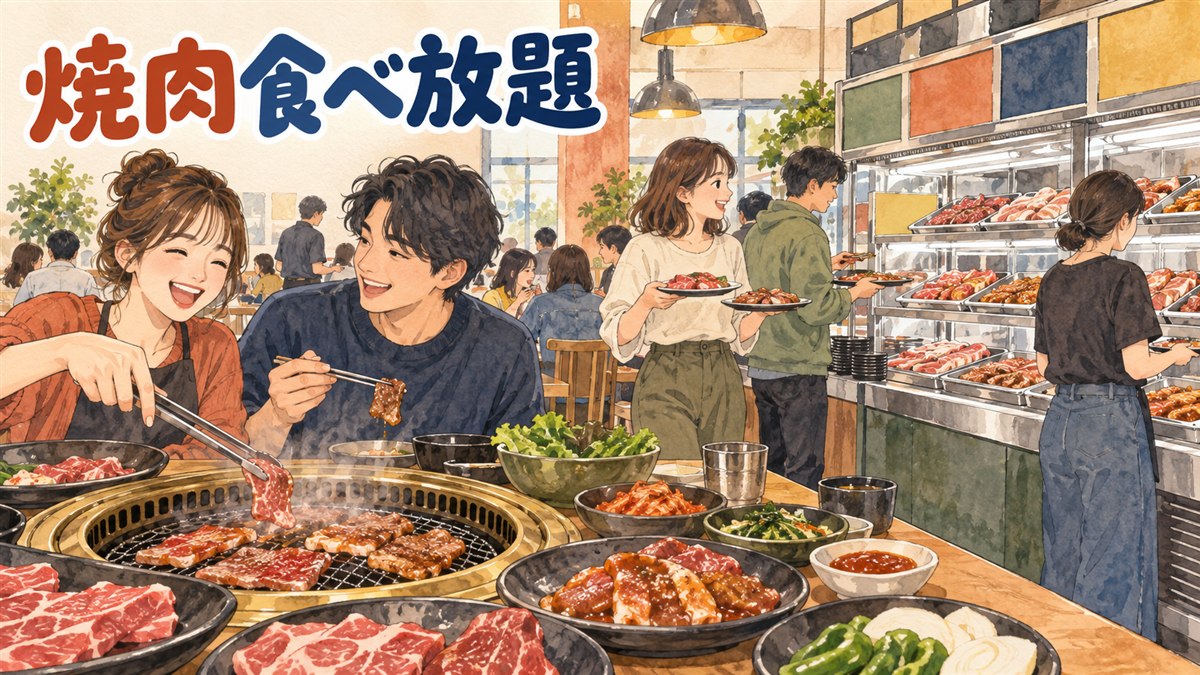 韓国の肉の食べ放題チェーンの店内で、炭火の網の上で豚肉を焼いている様子