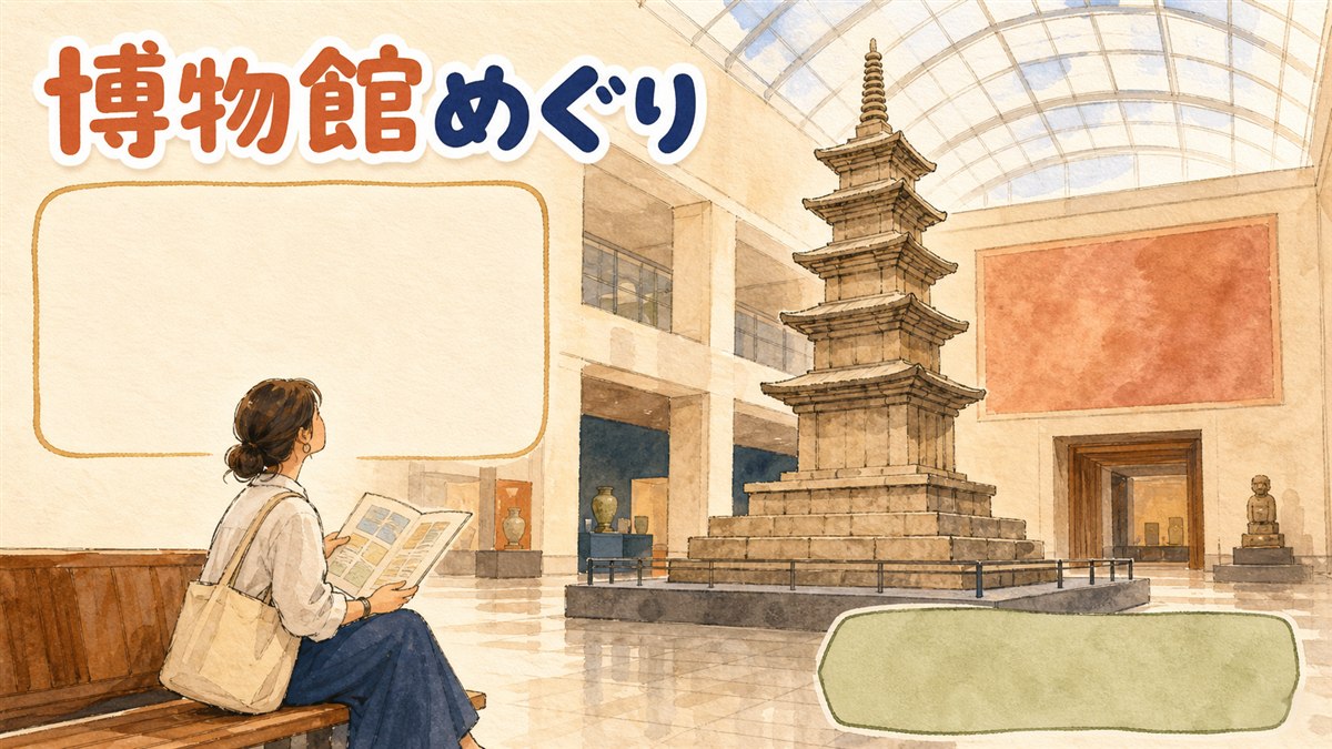 国立中央博物館の外観とソウルの博物館めぐりのイメージ