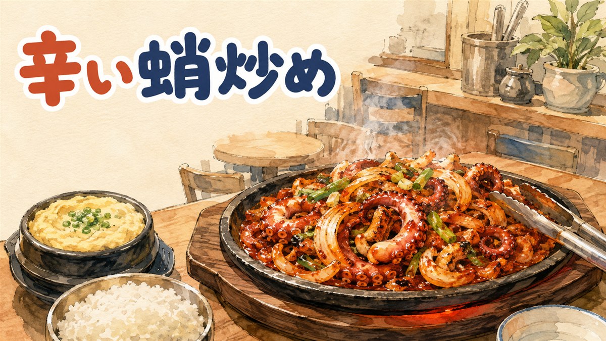ソウルの食堂で鉄板の上にタコと野菜を甘辛いソースで豪快に炒めるナクチポックムの調理風景