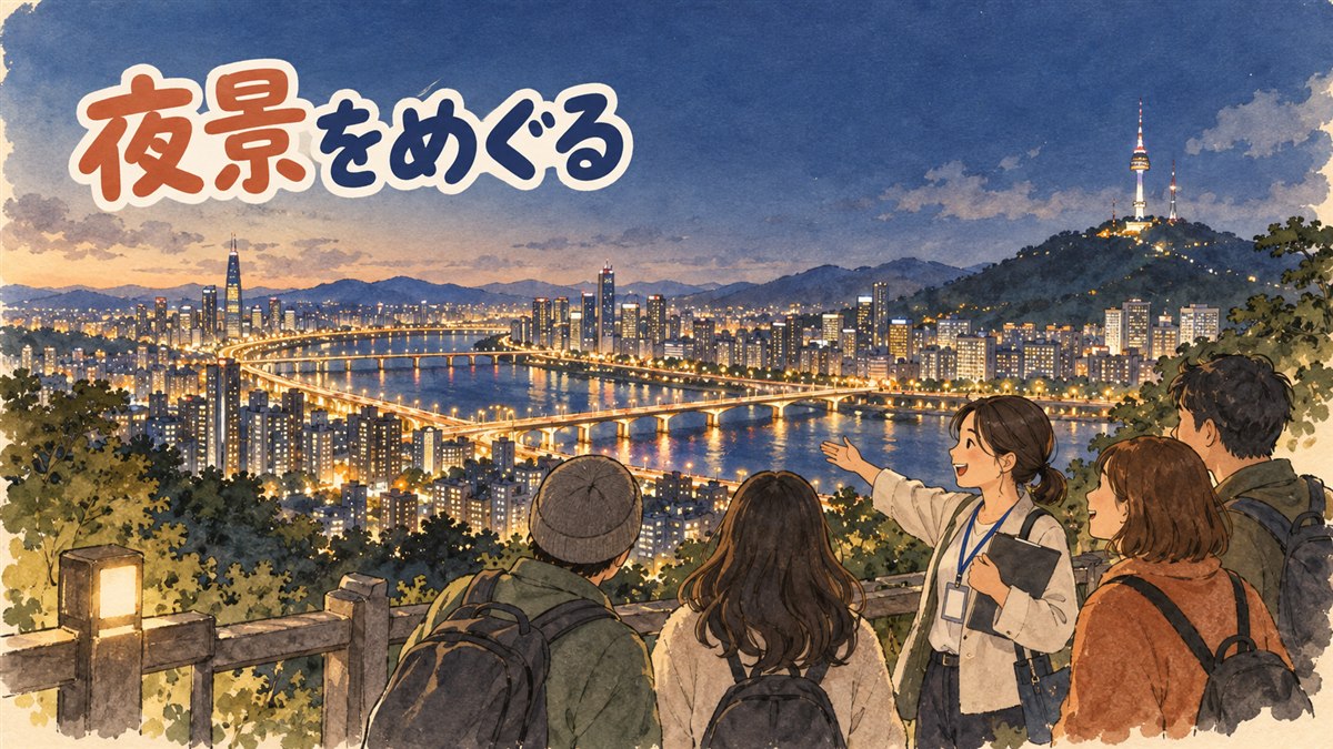 ソウルの夜景を背景に南山タワーと漢江が見えるツアーバスと個人旅行者を対比したイメージ