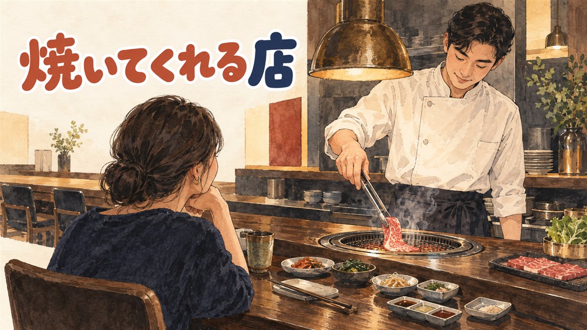 店員が炭火の前で肉を焼き分け、コース仕立てに皿が並ぶ韓国式焼肉店の情景