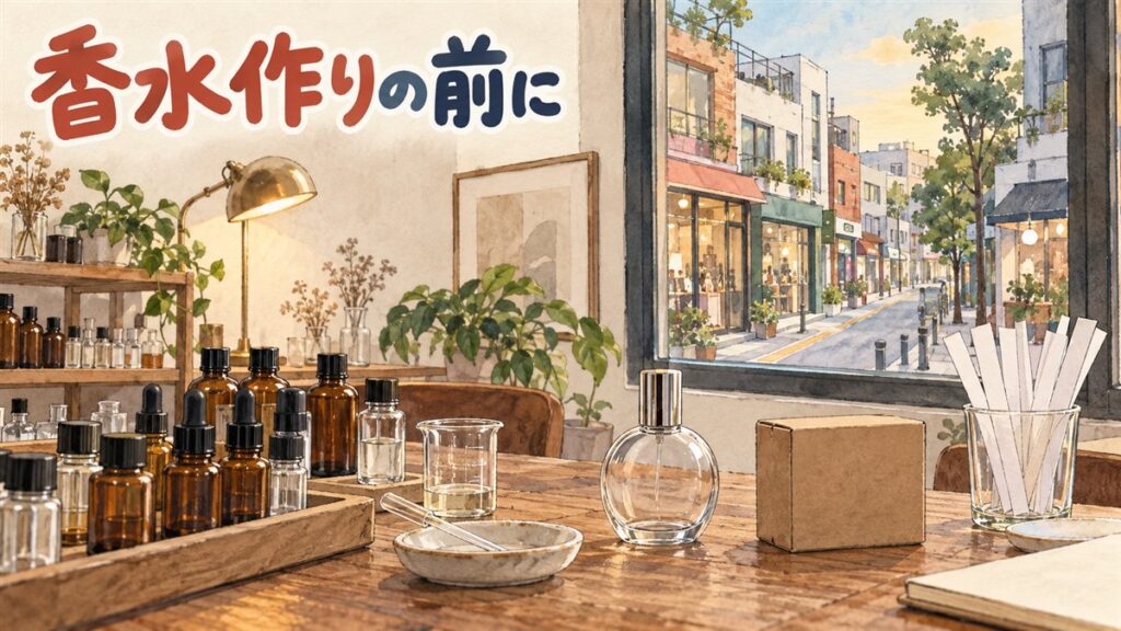 ソウルの小さな香水工房を描いた水彩イラスト。木の作業台に並ぶ琥珀色と透明の小瓶、スポイト、ビーカー、試香紙の入ったコップ、銀のキャップの丸い香水瓶とクラフトの箱。窓の外は小さな店が並ぶ弘大の通り。左上に「香水作りの前に」の手書き文字